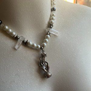 Elegant Reversible Pearl and Crystal Necklace with Blessing Hand Pendant (16 in)